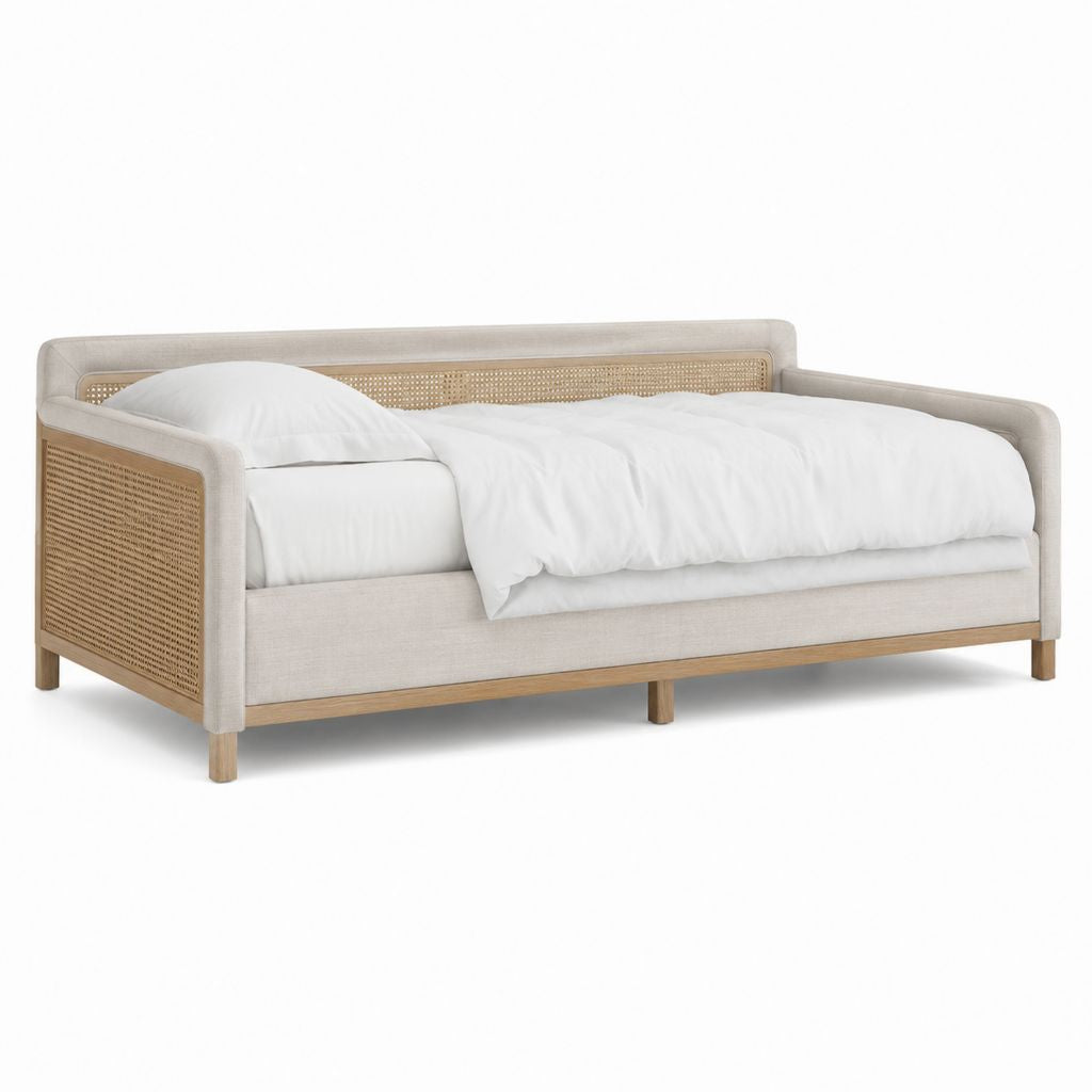 Lit banquette 90 x 200 cm beige en polyester avec cannage en rotin et structure en bois massif