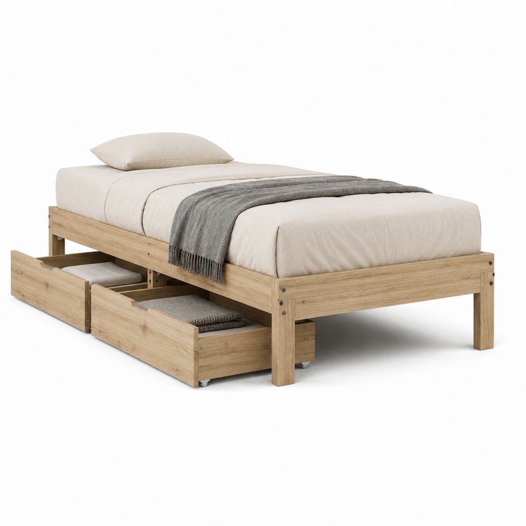Lit simple avec 2 tiroirs chêne clair en pin massif rectangulaire 90 x 190 cm