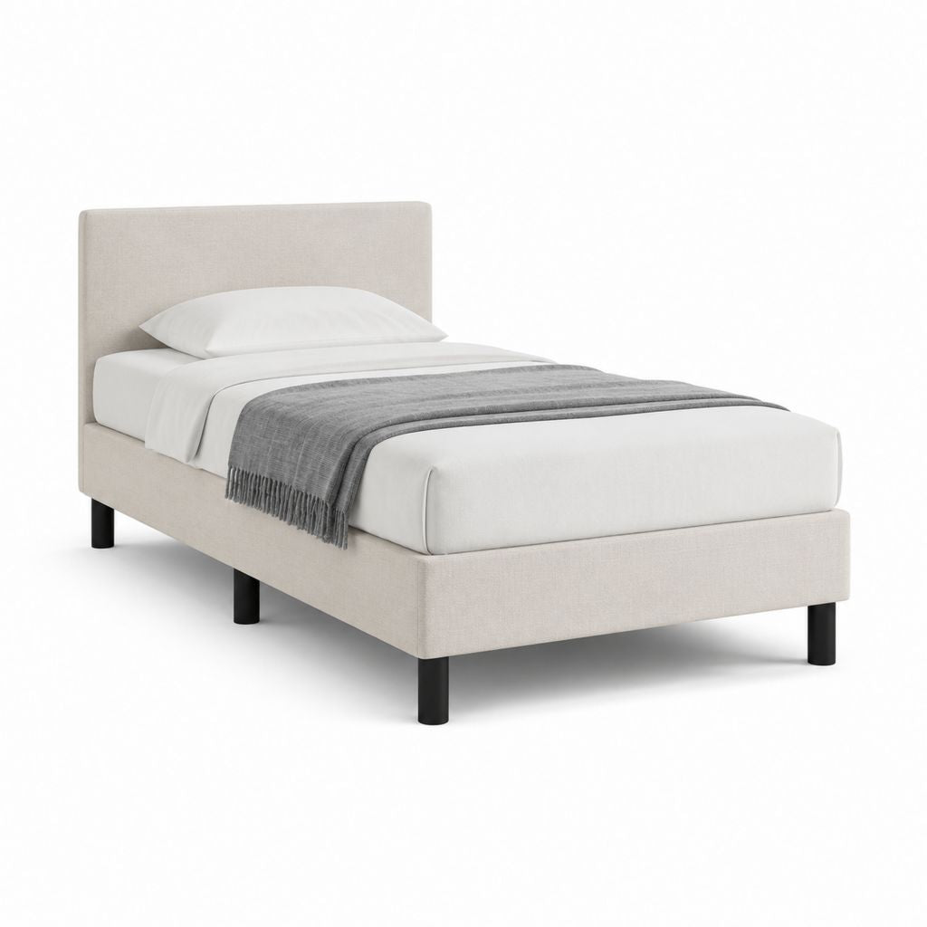 Cadre de lit 1 place beige en polyester avec sommier à lattes 90 x 190 cm