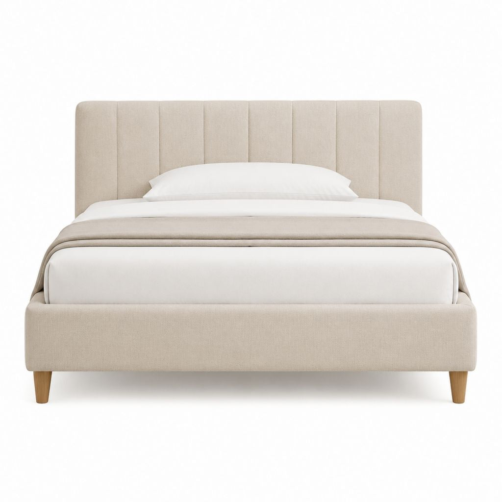 Lit double 160 x 200 cm beige en polyester avec cadre en contreplaqué et tête de lit capitonnée rectangulaire