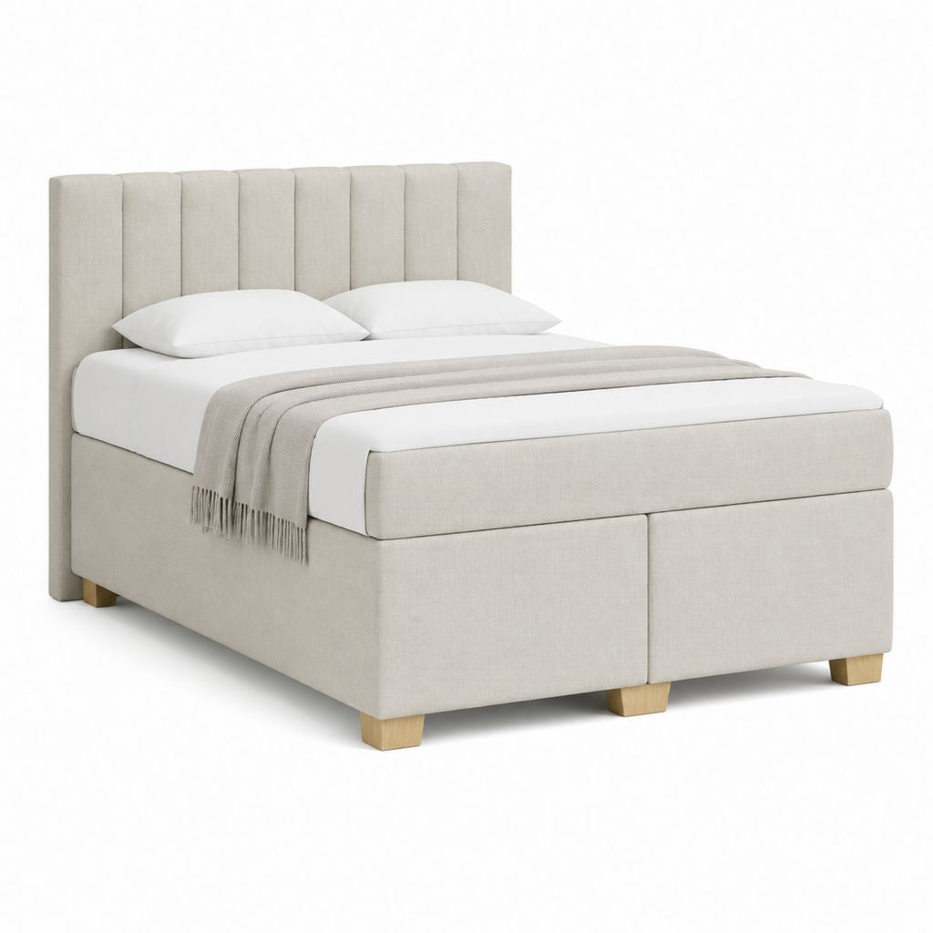 Lit double capitonné beige en polyester avec tête de lit verticale 160 x 200 cm