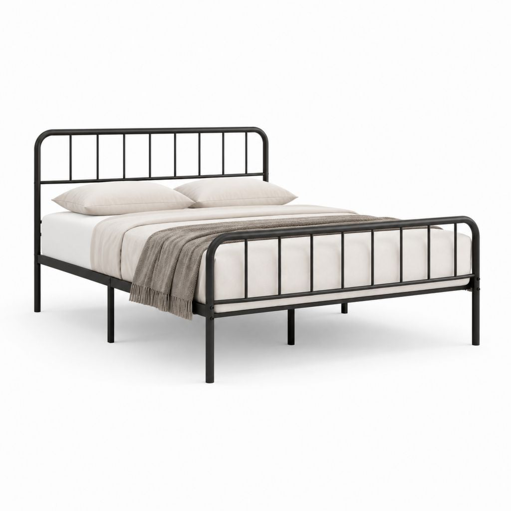 Cadre de lit double noir en acier 140 x 190 cm avec tête et pied de lit à barreaux