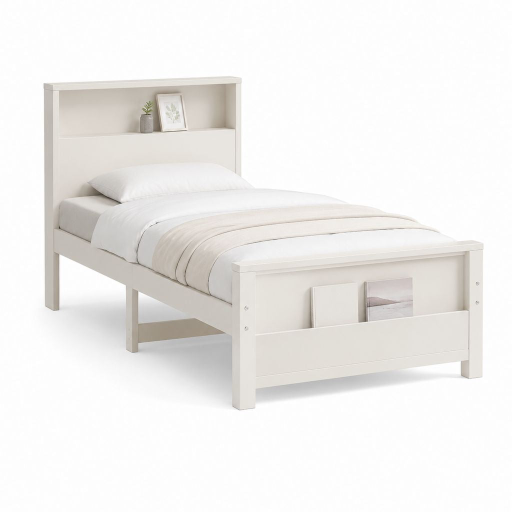 Lit simple rectangulaire blanc en MDF et pin avec étagère 90 x 190 cm