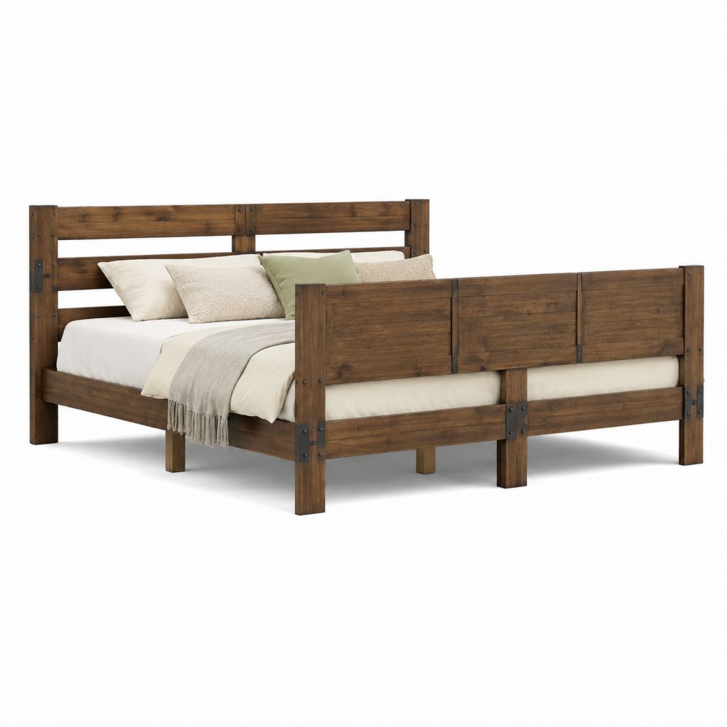 Cadre de lit double marron en bois massif rectangulaire 160 x 200 cm