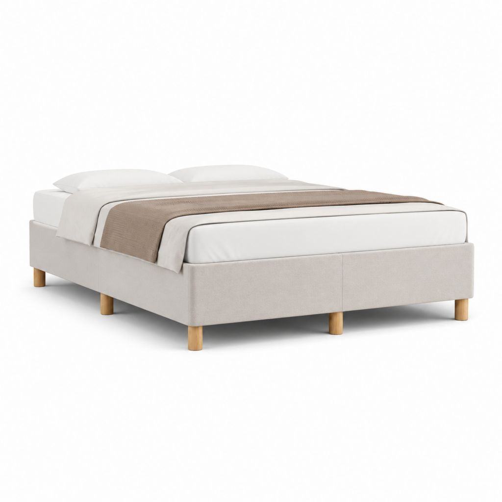 Cadre de lit double 160 x 200 cm beige en polyester avec pieds en bois massif
