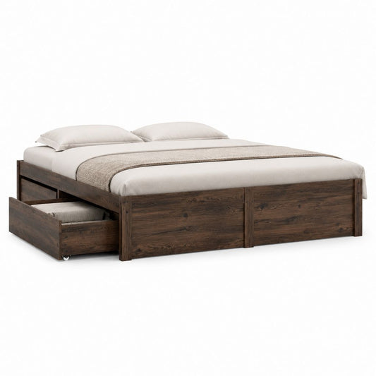 Lit double avec tiroirs de rangement marron foncé en panneaux de bois 160 x 200 cm