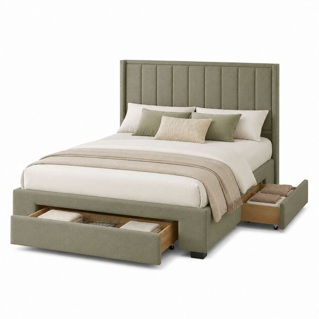 Lit adulte capitonné vert olive en polyester avec tête de lit et tiroirs 160 x 200 cm