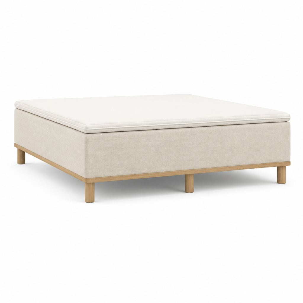 Lit sommier tapissier beige en polyester avec pieds en bois massif 160 x 200 cm