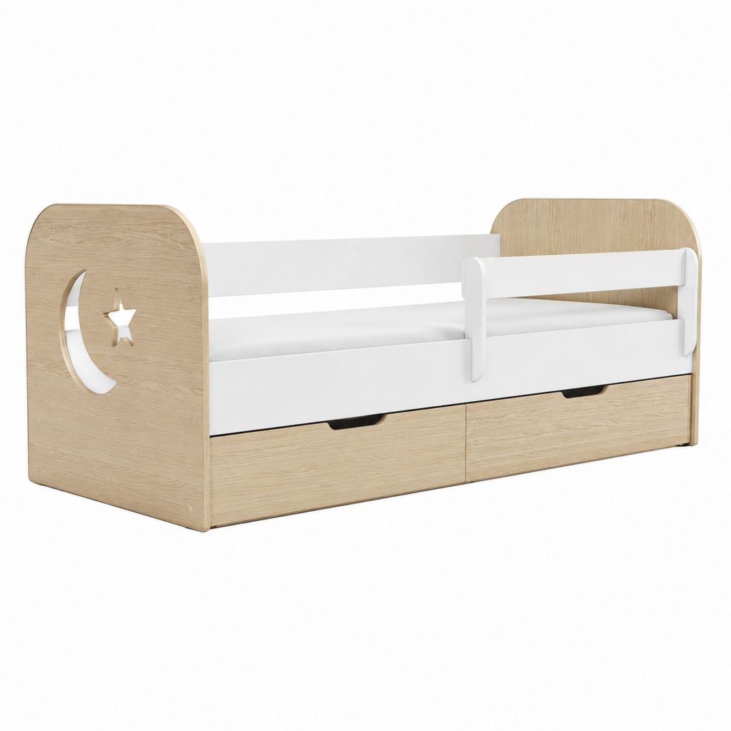 Lit enfant avec barrières et tiroirs blanc et chêne clair en panneaux de particules 143 x 75 x 65 cm pour matelas 140 x 70 cm