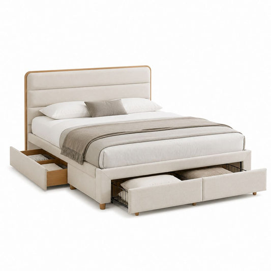 Lit double avec rangements beige en polyester 160 x 200 cm