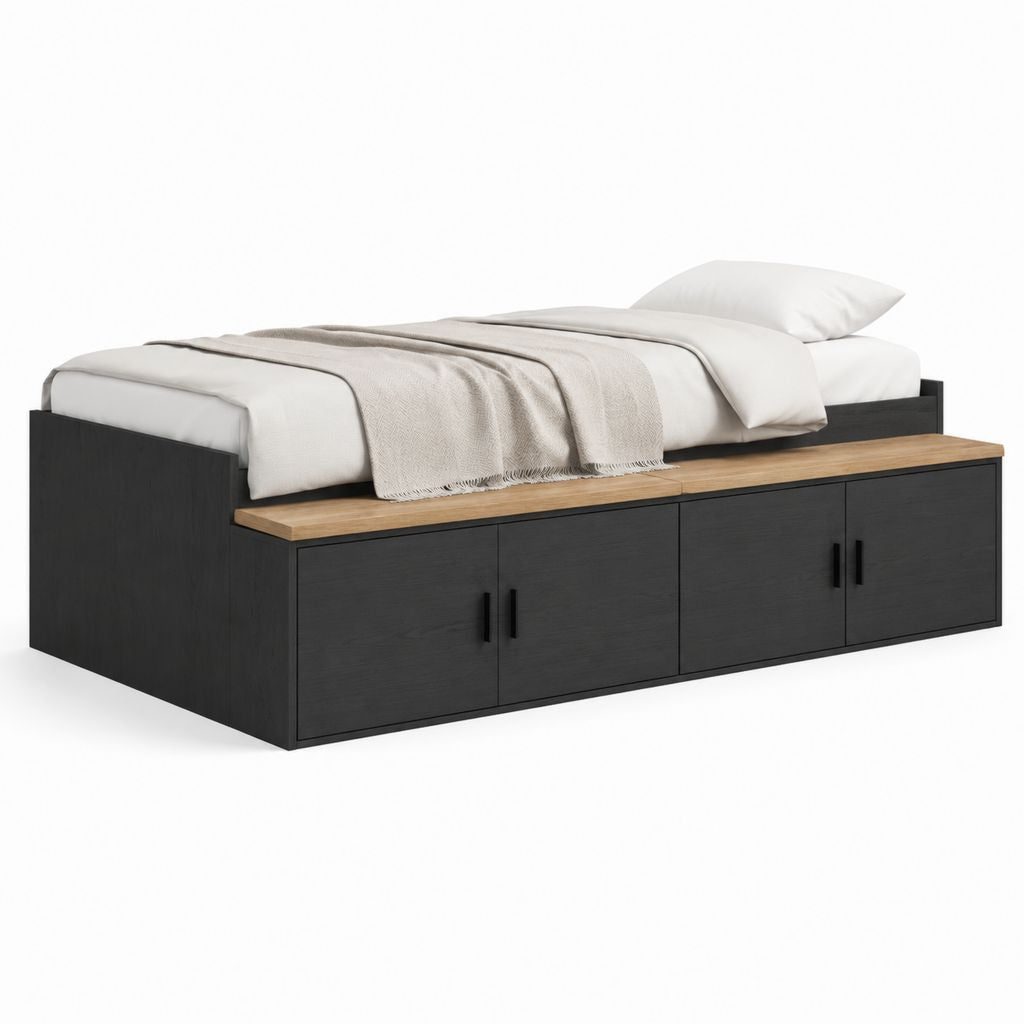 Lit avec rangement 140 x 190 cm noir et chêne en panneaux MDF à 4 portes