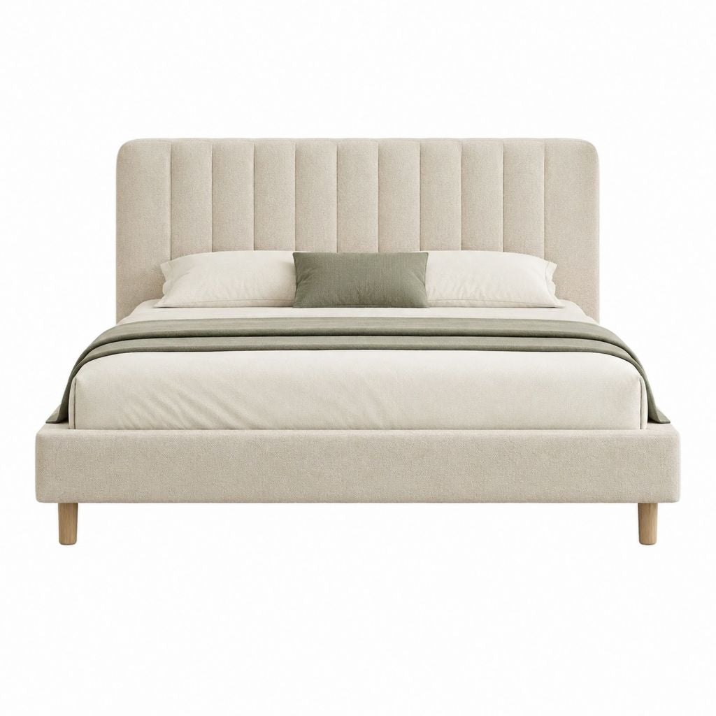 Lit double avec cadre beige en polyester et tête de lit capitonnée 160 x 200 cm