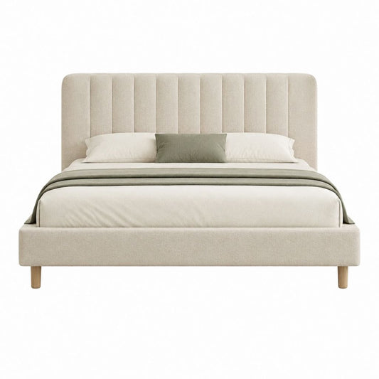 Lit double avec cadre beige en polyester et tête de lit capitonnée 160 x 200 cm