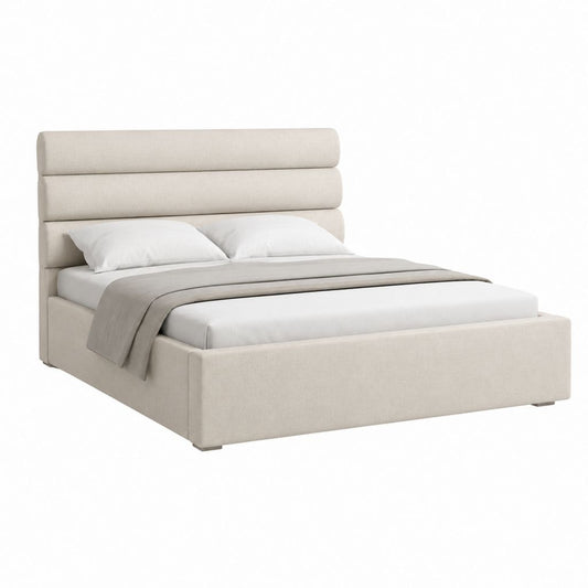 Lit double capitonné beige en polyester avec tête de lit rembourrée 160 x 200 cm