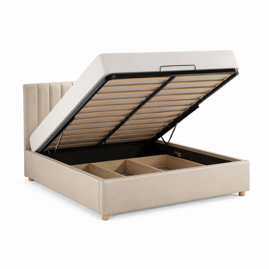 Lit coffre rectangulaire 160 x 200 cm beige en velours polyester avec sommier à lattes et tête de lit capitonnée