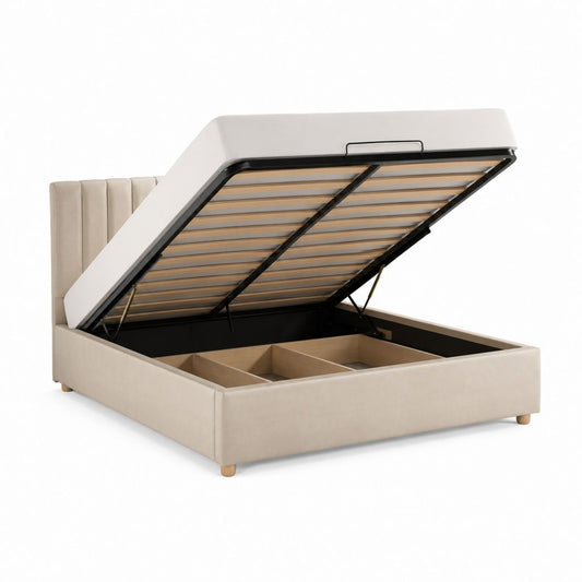 Lit coffre rectangulaire 160 x 200 cm beige en velours polyester avec sommier à lattes et tête de lit capitonnée