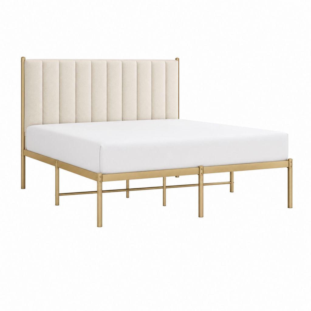 Lit double 160 x 200 cm blanc cassé et doré en acier avec tête de lit capitonnée