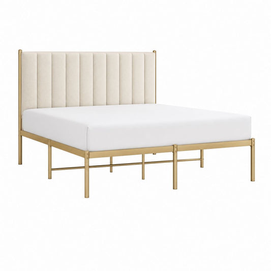 Lit double 160 x 200 cm blanc cassé et doré en acier avec tête de lit capitonnée