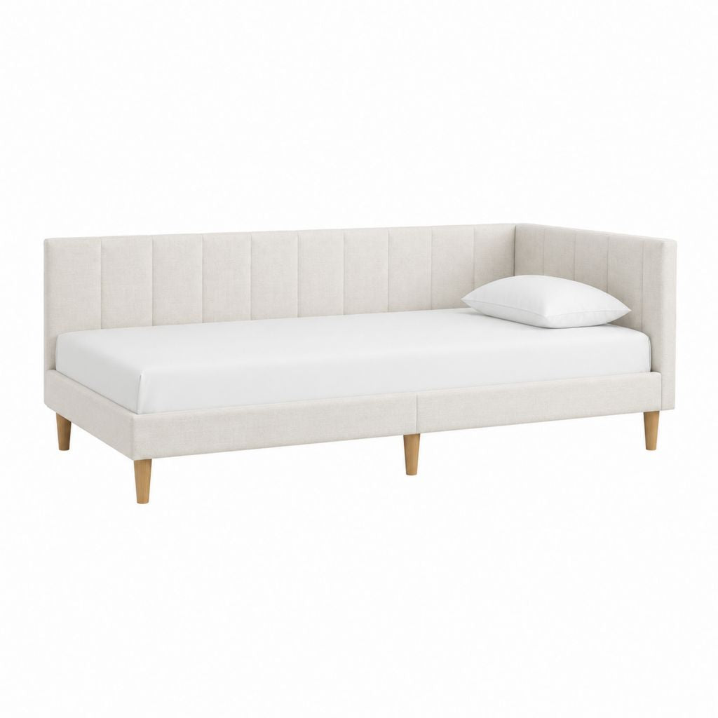 Lit banquette capitonné beige en polyester 90 x 200 cm avec cadre en bois massif