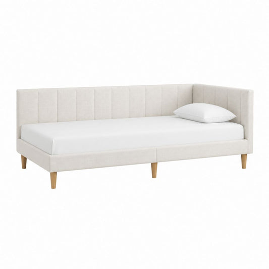 Lit banquette capitonné beige en polyester 90 x 200 cm avec cadre en bois massif