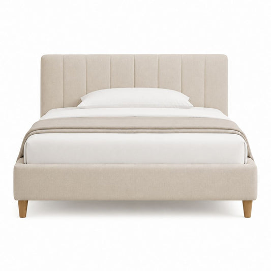 Lit double 160 x 200 cm beige en polyester avec cadre en contreplaqué et tête de lit capitonnée rectangulaire