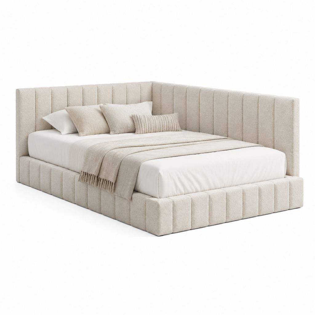 Lit double capitonné beige en polyester 160 x 200 cm avec cadre rembourré 230 x 220 x 100 cm