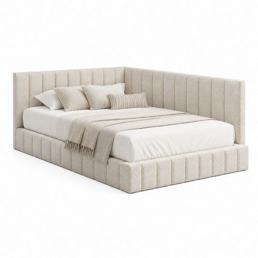 Lit double capitonné beige en polyester 160 x 200 cm avec cadre rembourré 230 x 220 x 100 cm