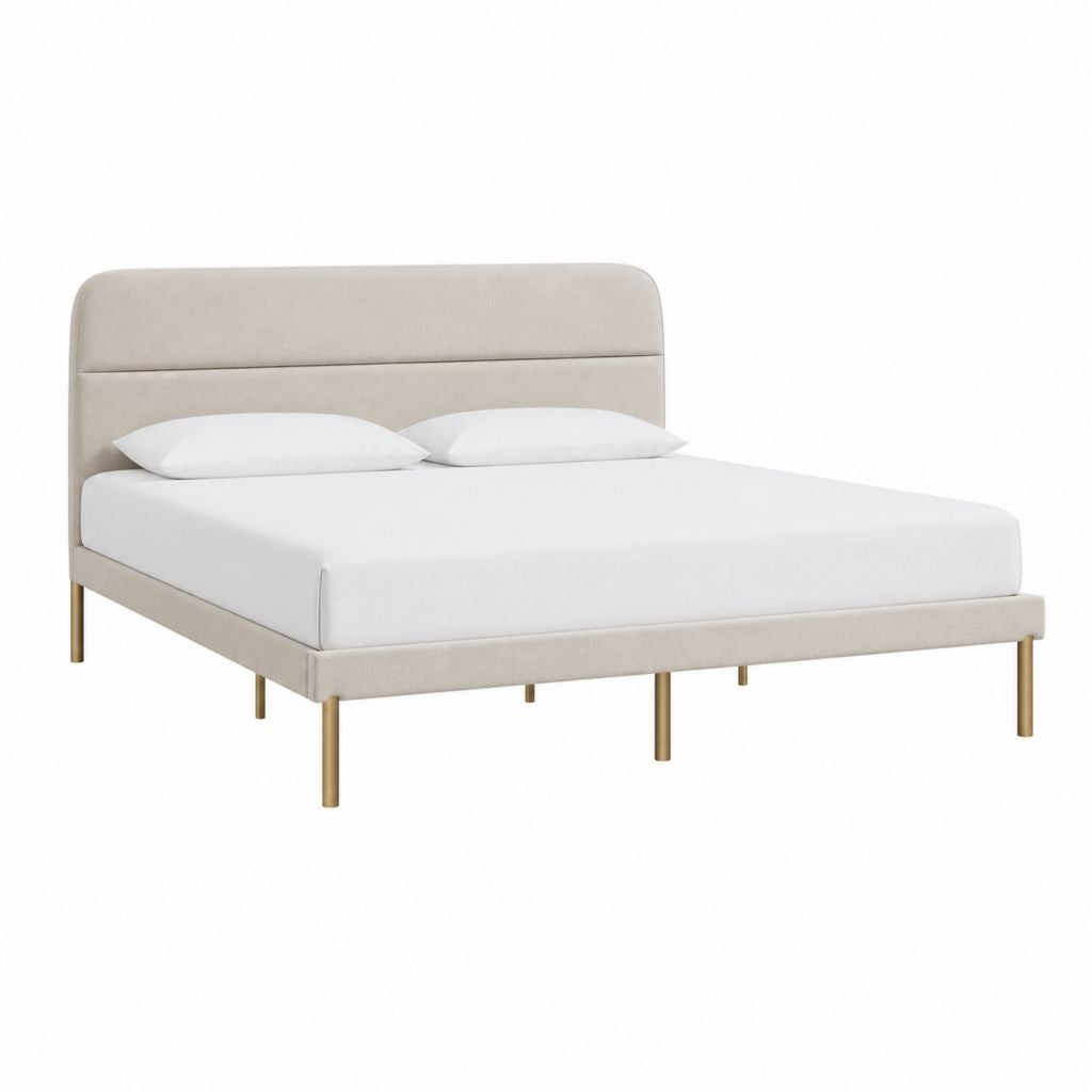 Cadre de lit double 160 x 200 cm beige en velours polyester avec tête de lit capitonnée et pieds acier doré