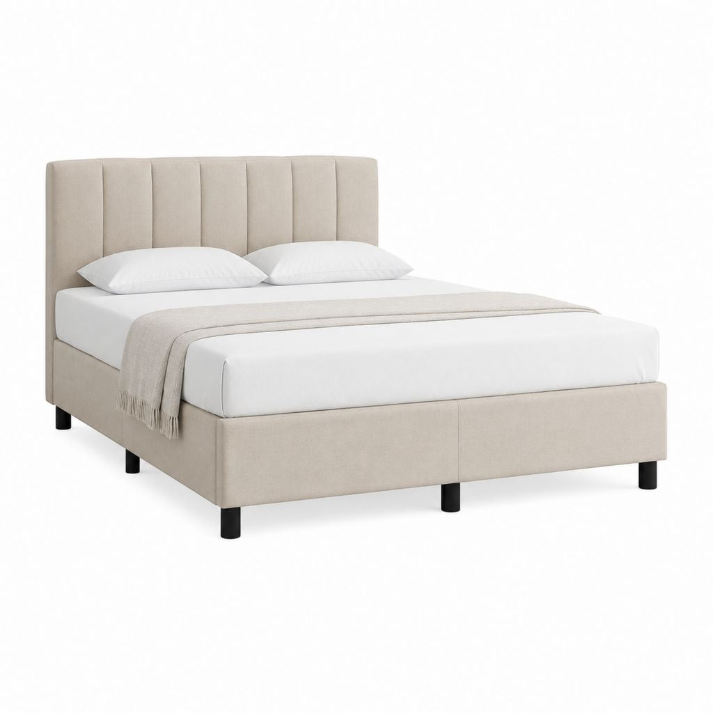 Lit double capitonné beige en polyester avec tête de lit 160 x 200 cm