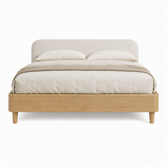 Lit double cadre de lit chêne clair tête de lit polyester arrondie 160 x 200 cm