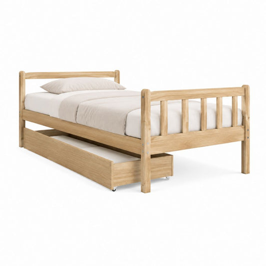 Lit simple avec tiroir de rangement chêne massif naturel 90 x 190 cm