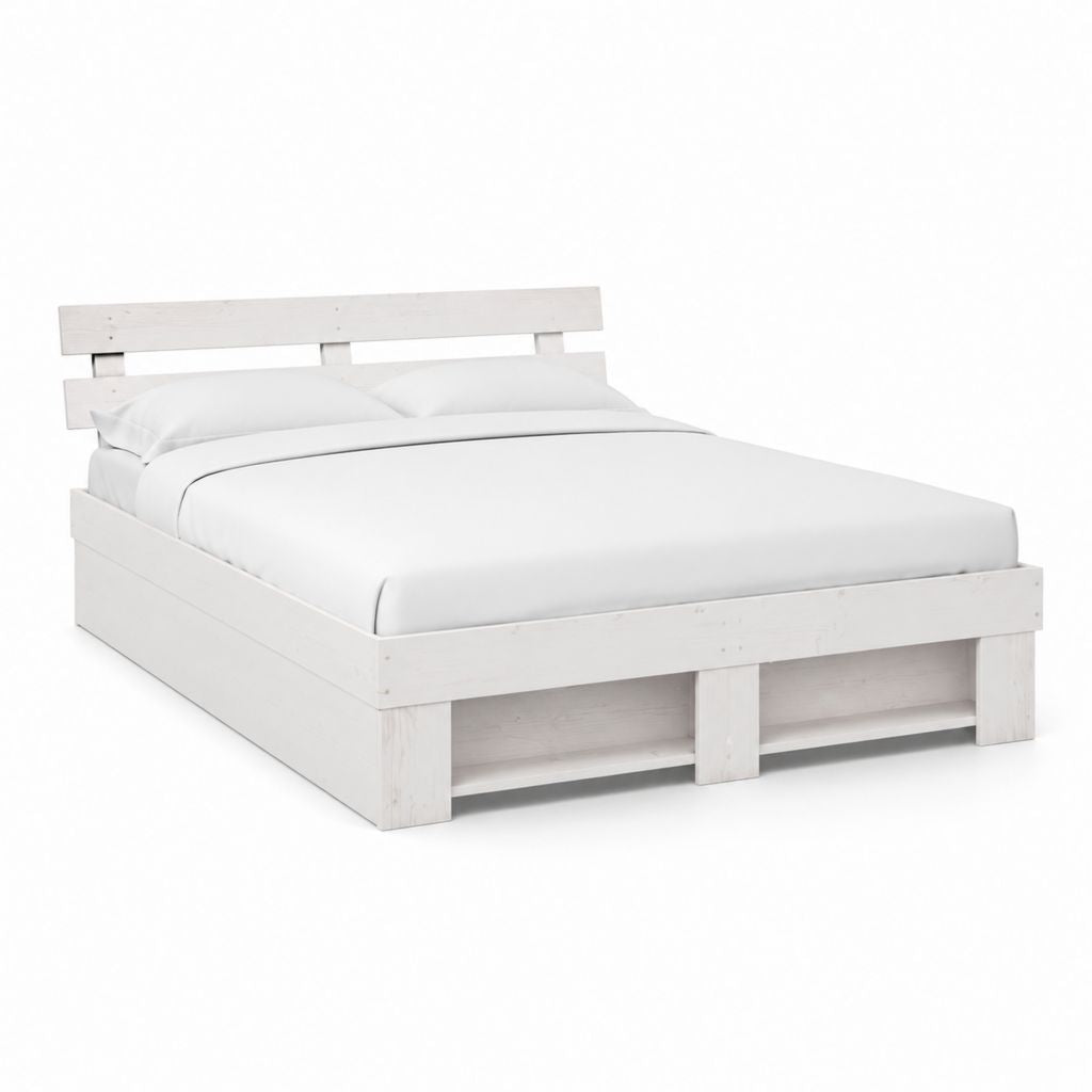 Cadre de lit double avec rangement blanc en pin massif 160 x 200 cm
