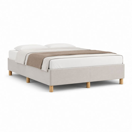 Cadre de lit double 160 x 200 cm beige en polyester avec pieds en bois massif
